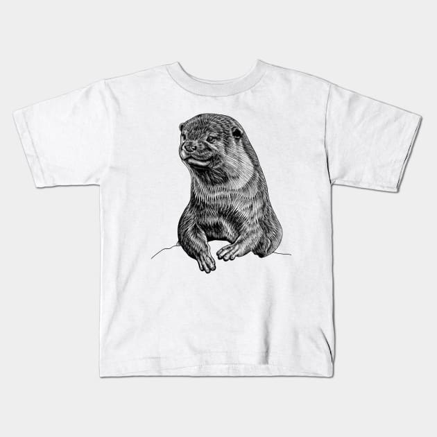 Asian small clawed otter ink illustration Kids T-Shirt by lorendowding